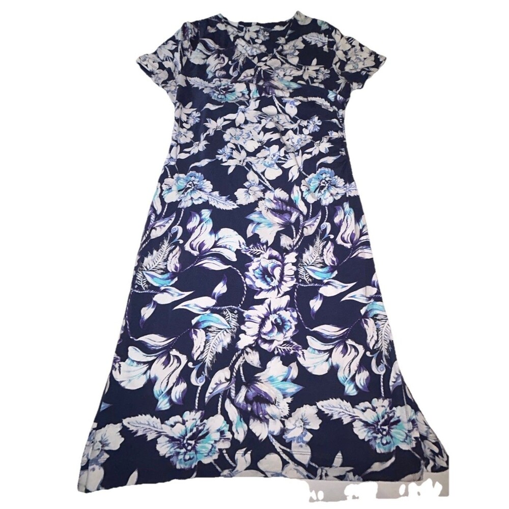 Soft Surroundings Womens Shapely Anywhere Dress Blue Large Floral Short Sleeves